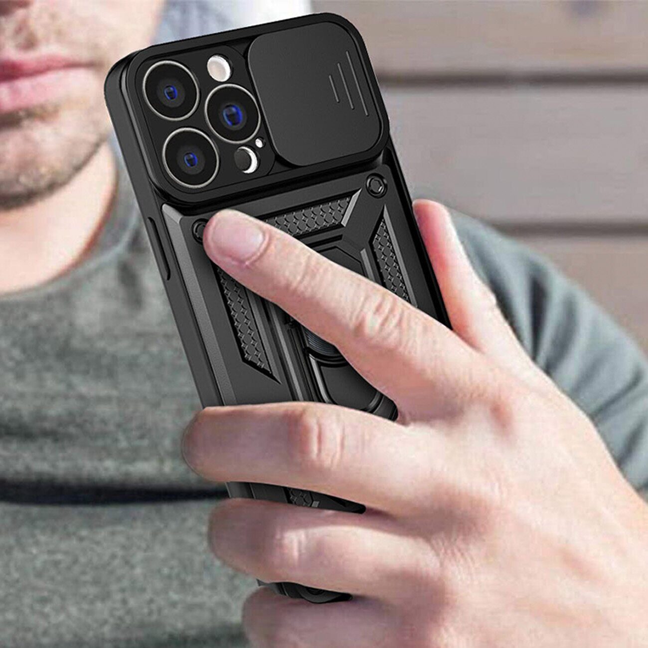 Hybrid Armor Camshield case for iPhone 13 Pro Max armored case with camera cover blue - imagine 4