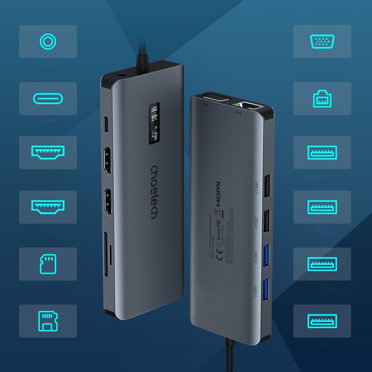 Choetech multifunctional HUB with display 12in1 USB-C to USB-C / USB-A / HDMI / VGA / AUX / SD / TF gray (HUB-M26) - imagine 9