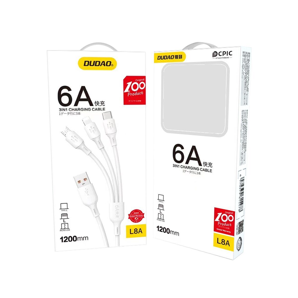 Dudao L8A-3in1 USB-A - USB-C / micro USB / Lightning 480Mb/s Cable 1.2m - White - imagine 5