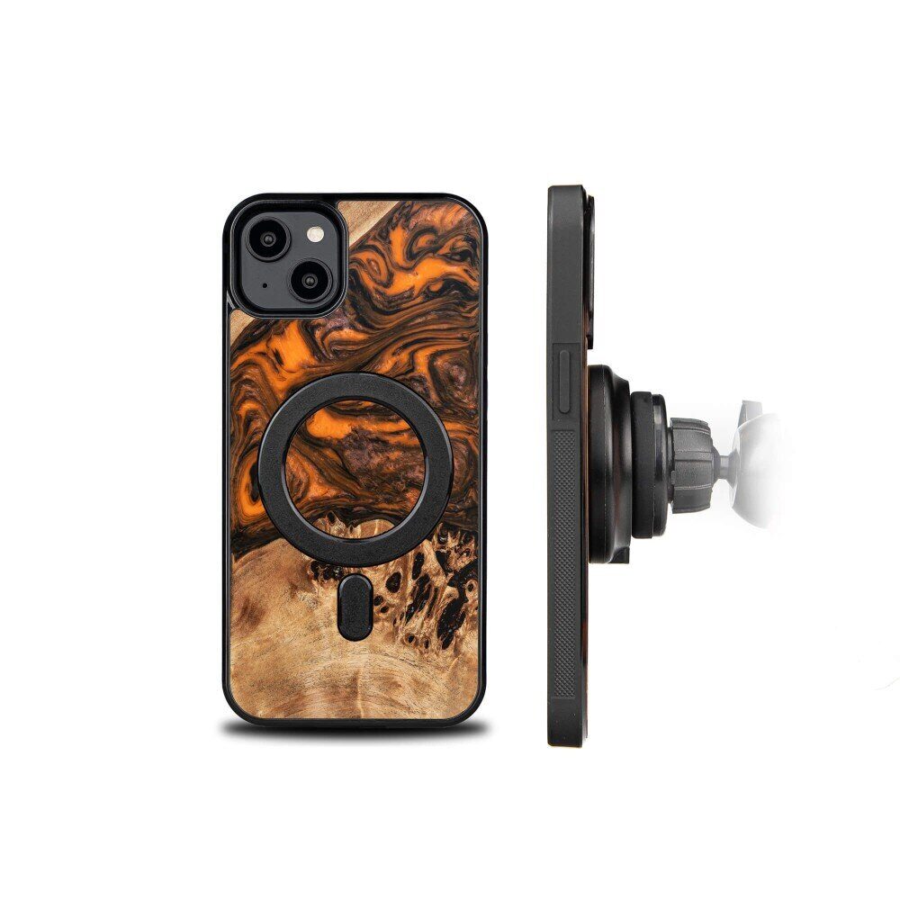 Wood and resin case for iPhone 15 Plus MagSafe Bewood Unique Orange - orange and black - imagine 2