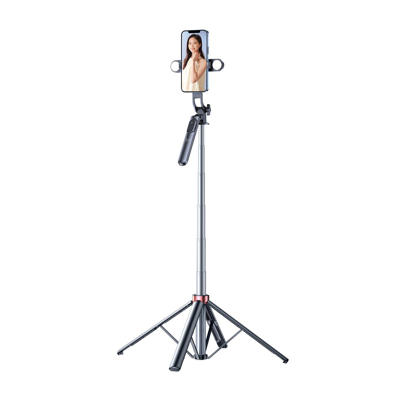 Selfie stick WH181D-Y1S 1.75m aluminum alloy telescopic tripod with dual lamp and phone holder - black - imagine 2