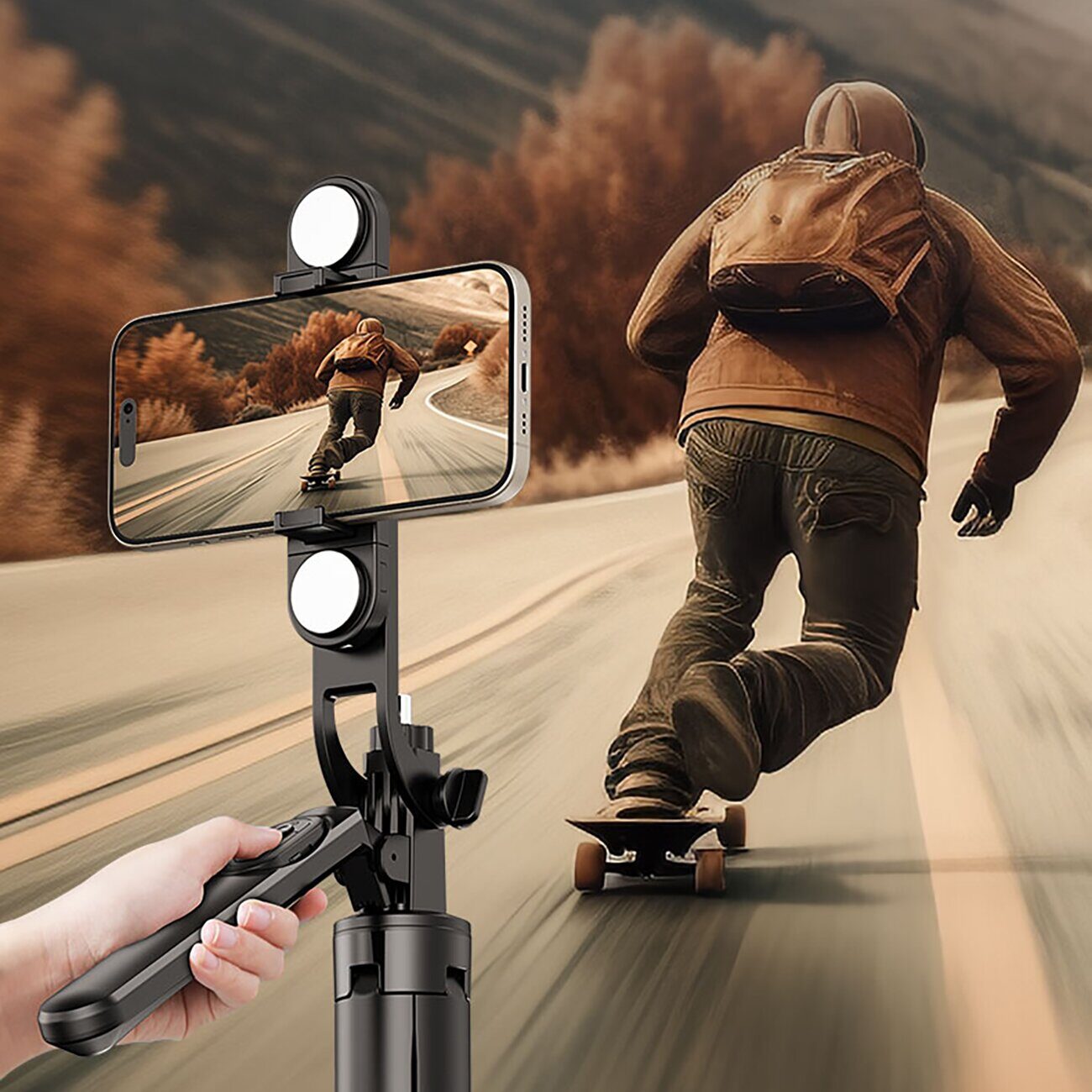 Selfie stick WH181D-Y1S 1.75m aluminum alloy telescopic tripod with dual lamp and phone holder - black - imagine 9
