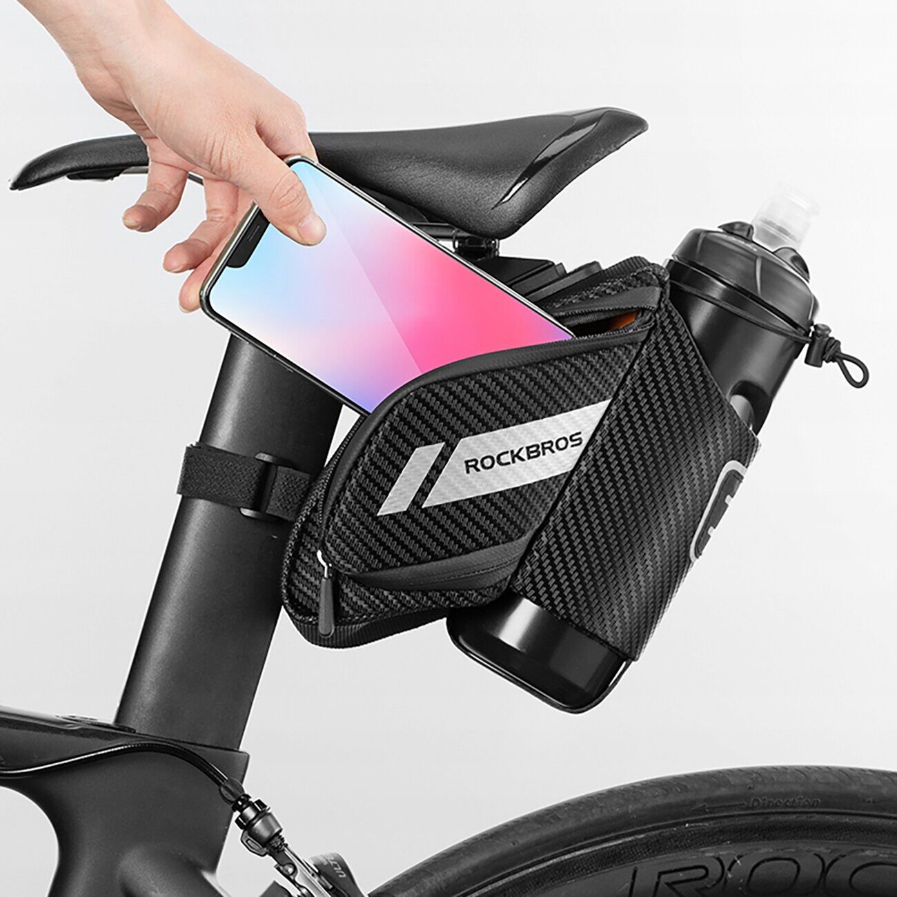 Rockbros C32BK saddle bag 1.5 l with water bottle pocket - black - imagine 10