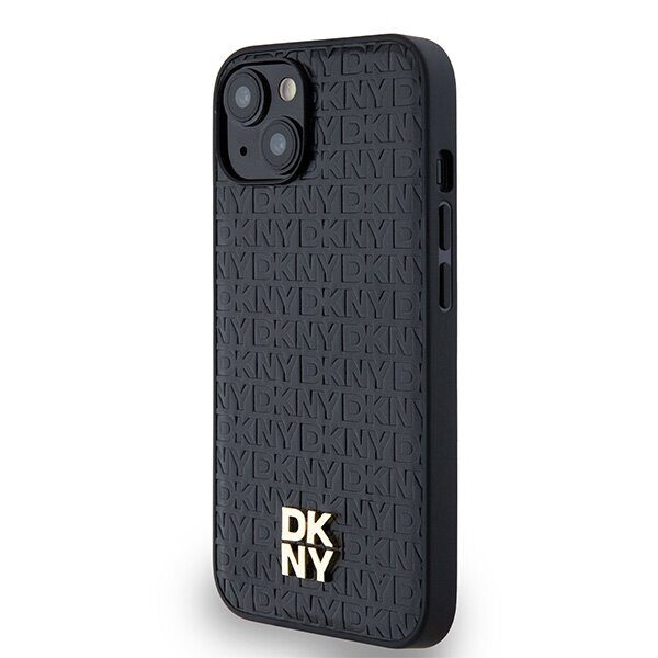 DKNY Leather Monogram Pattern Metal Logo MagSafe Case for iPhone 15/14/13 - Black - imagine 2