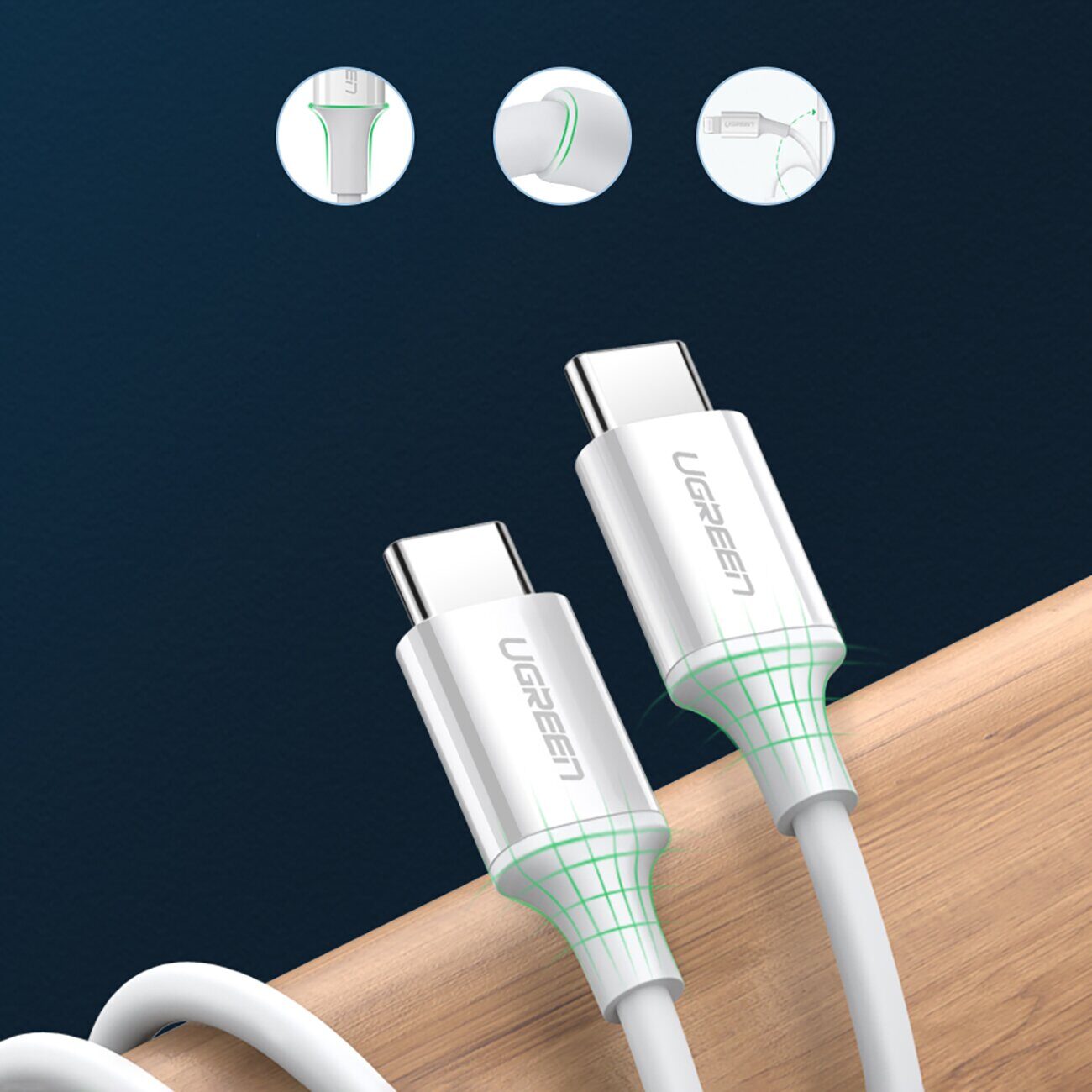 Ugreen US264 60518 USB-C / USB-C PD QC AFC Cable 1m - White - imagine 8