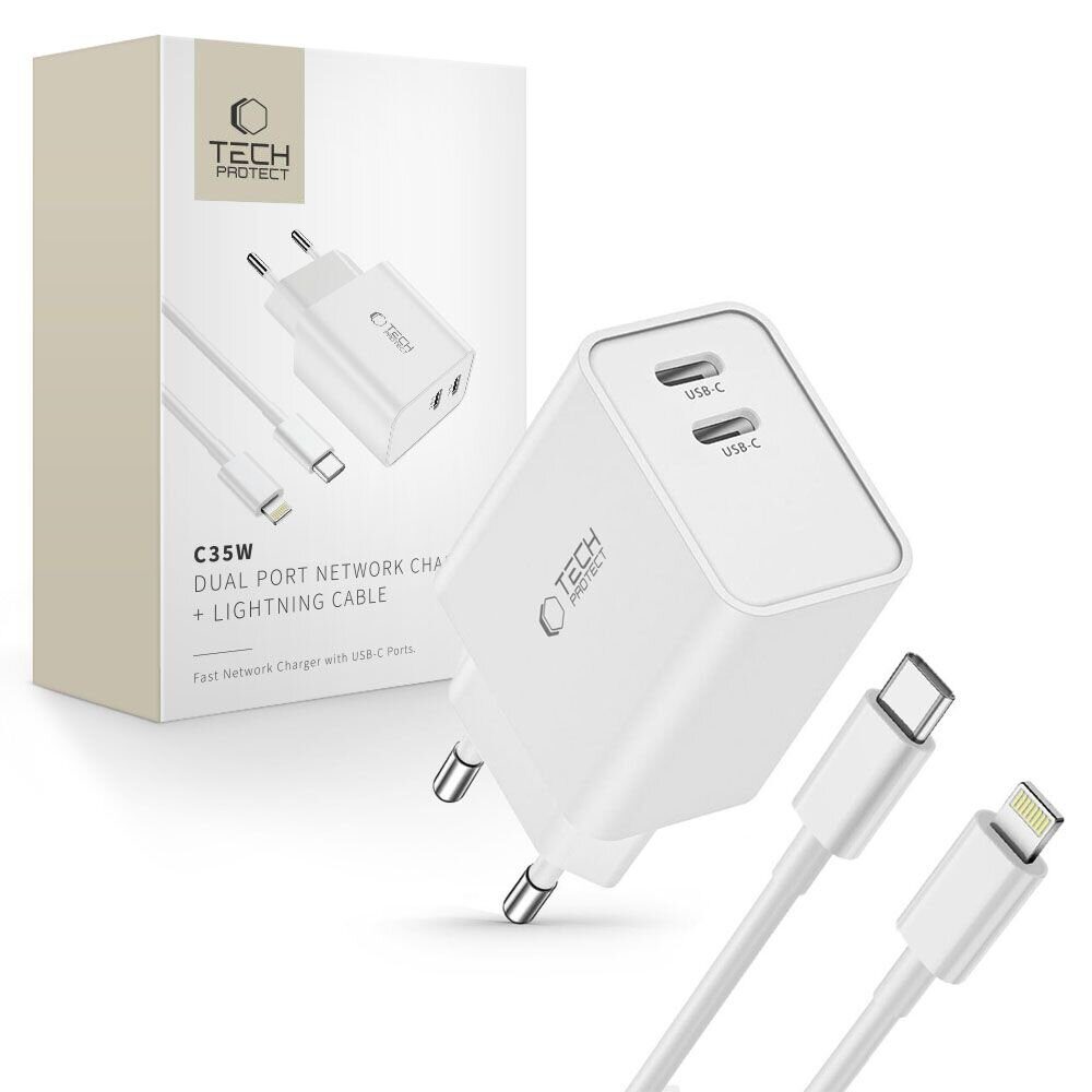 Tech-Protect C35W 2x USB-C PD 35W Wall Charger with USB-C / Lightning Cable - White