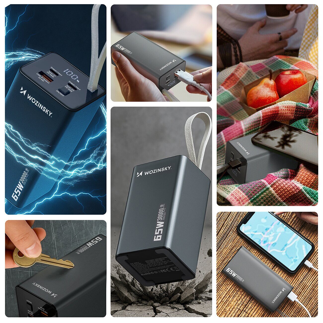 Powerbank Wozinsky K65+ 65W 30000mAh 2x USB-C, 1x USB-A 65W - gray - imagine 4