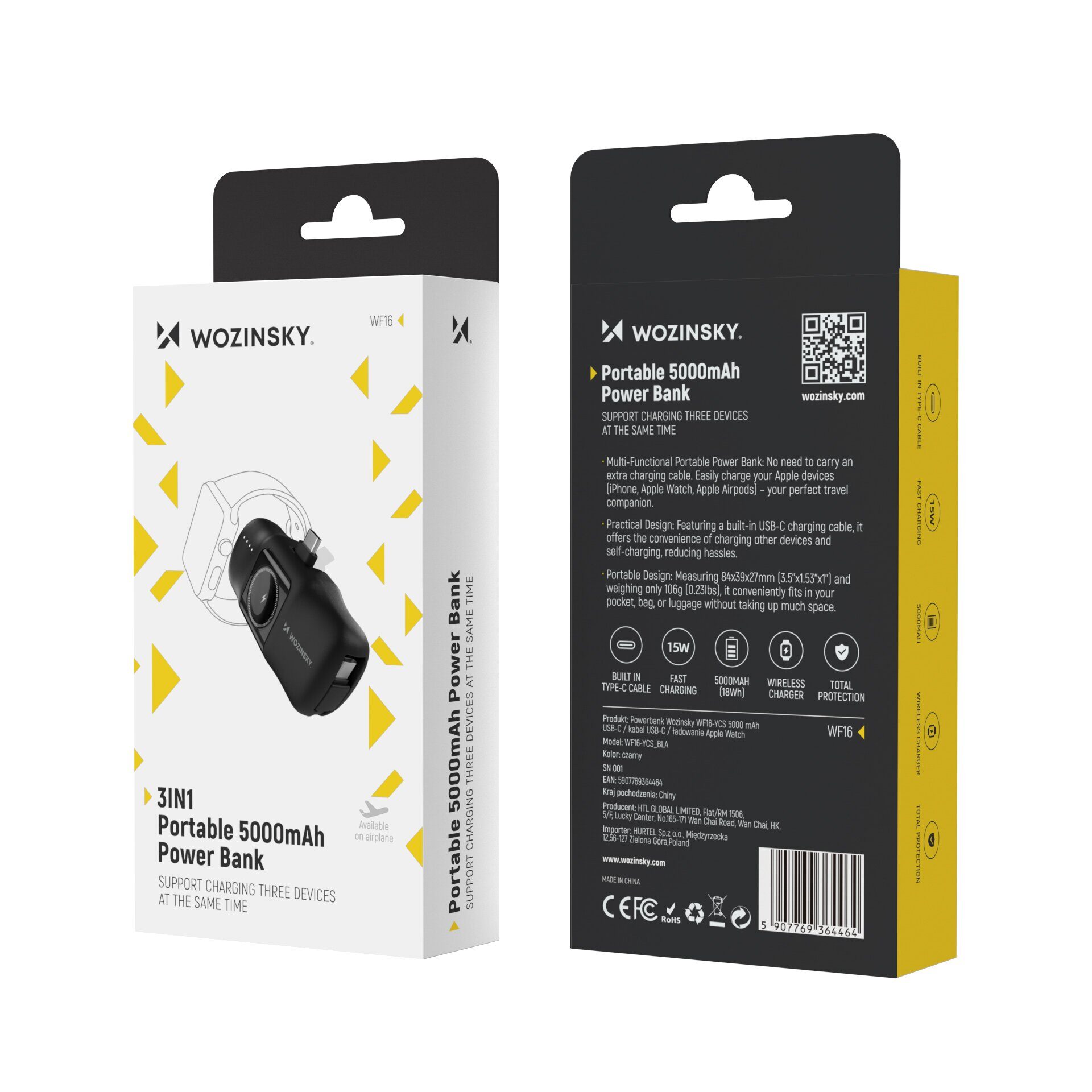Wozinsky WF16-YCS 5000mAh 15W USB-C Mini Power Bank with Built-in USB-C Cable and Apple Watch Charger - Black - imagine 10