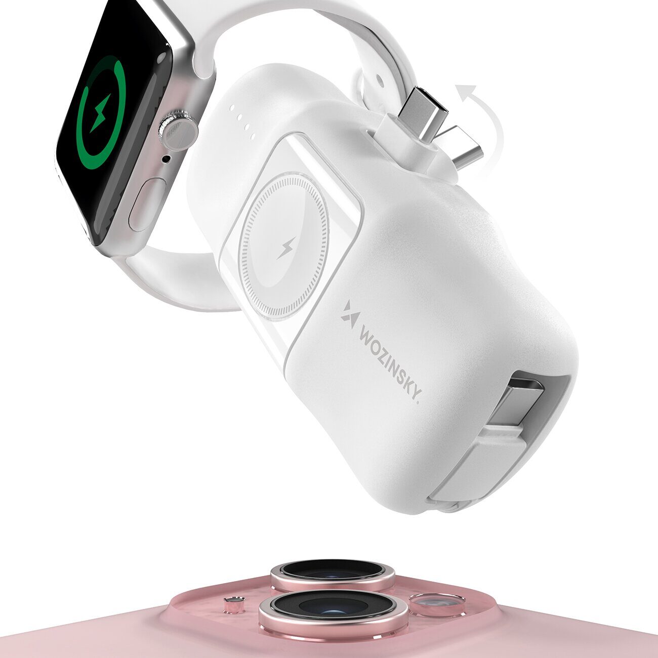 Wozinsky WF16-YCS 5000mAh 15W USB-C Mini Power Bank with Built-in USB-C Cable and Apple Watch Charger - White - imagine 5