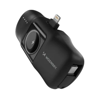 Wozinsky WF16-YLS 5000mAh 15W Lightning Mini Power Bank with Built-in USB-C Cable and Apple Watch Charger - Black