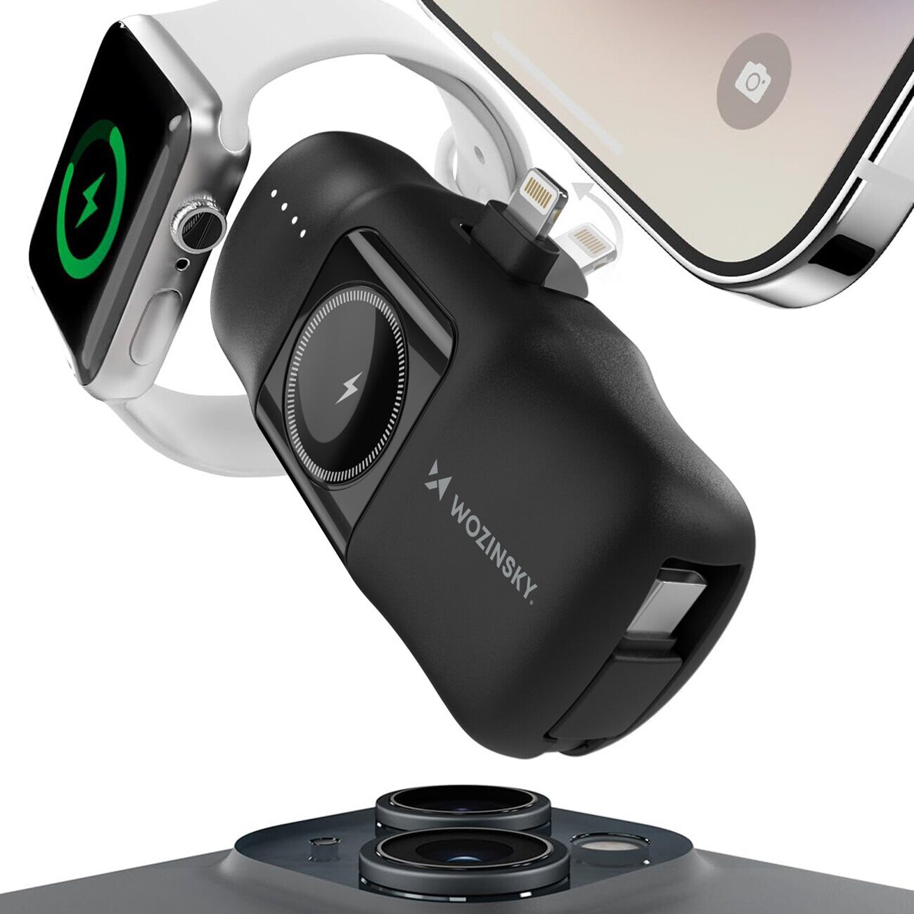 Wozinsky WF16-YLS 5000mAh 15W Lightning Mini Power Bank with Built-in USB-C Cable and Apple Watch Charger - Black - imagine 5
