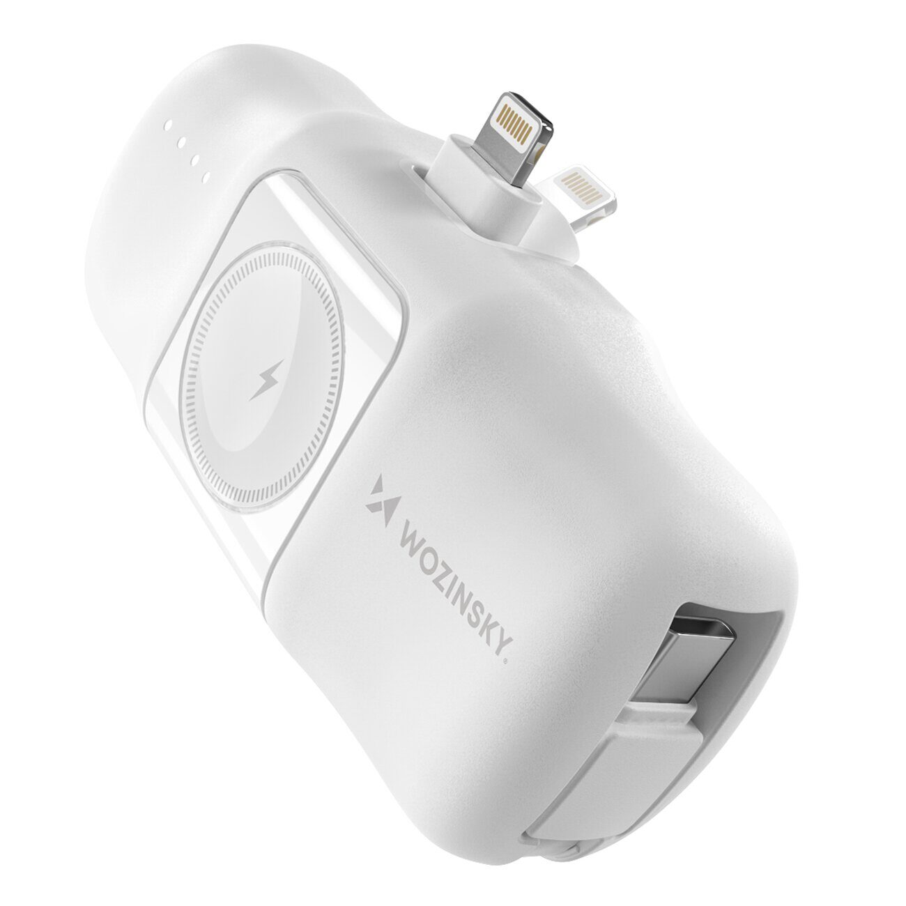Wozinsky WF16-YLS 5000mAh 15W Lightning Mini Power Bank with Built-in USB-C Cable and Apple Watch Charger - White - imagine 2
