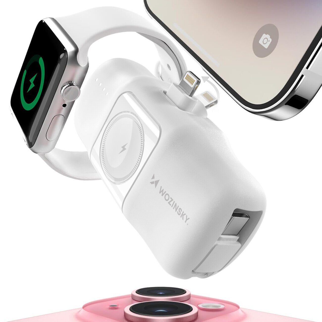 Wozinsky WF16-YLS 5000mAh 15W Lightning Mini Power Bank with Built-in USB-C Cable and Apple Watch Charger - White - imagine 6