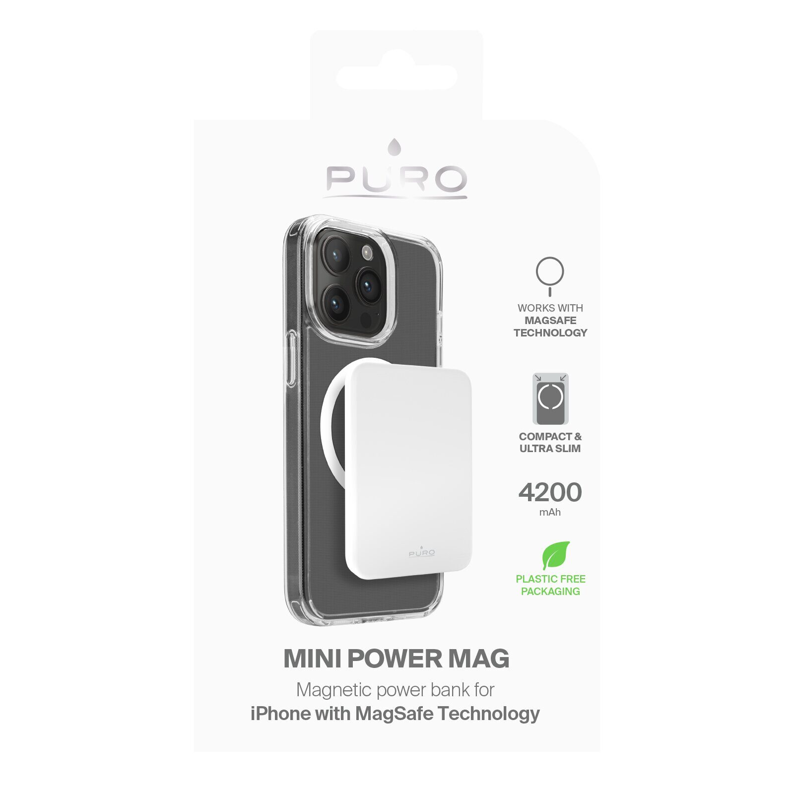 Puro Slim Power Mag 4200mAh Power Bank with MagSafe USB-C - White - imagine 2