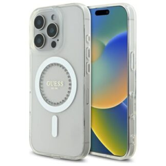 Guess IML Rhinestones MagSafe Case for iPhone 16 Pro - White