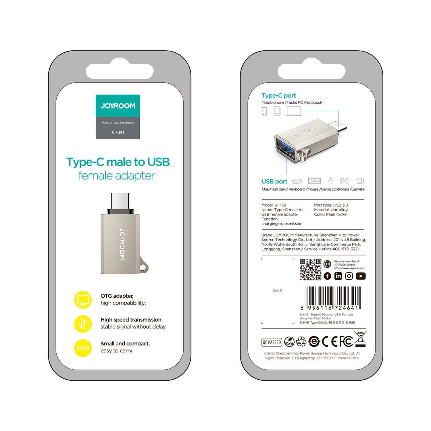 Joyroom S-H151 USB-C (male) / USB-A (female) Adapter with Lanyard Eyelet - Silver - imagine 8