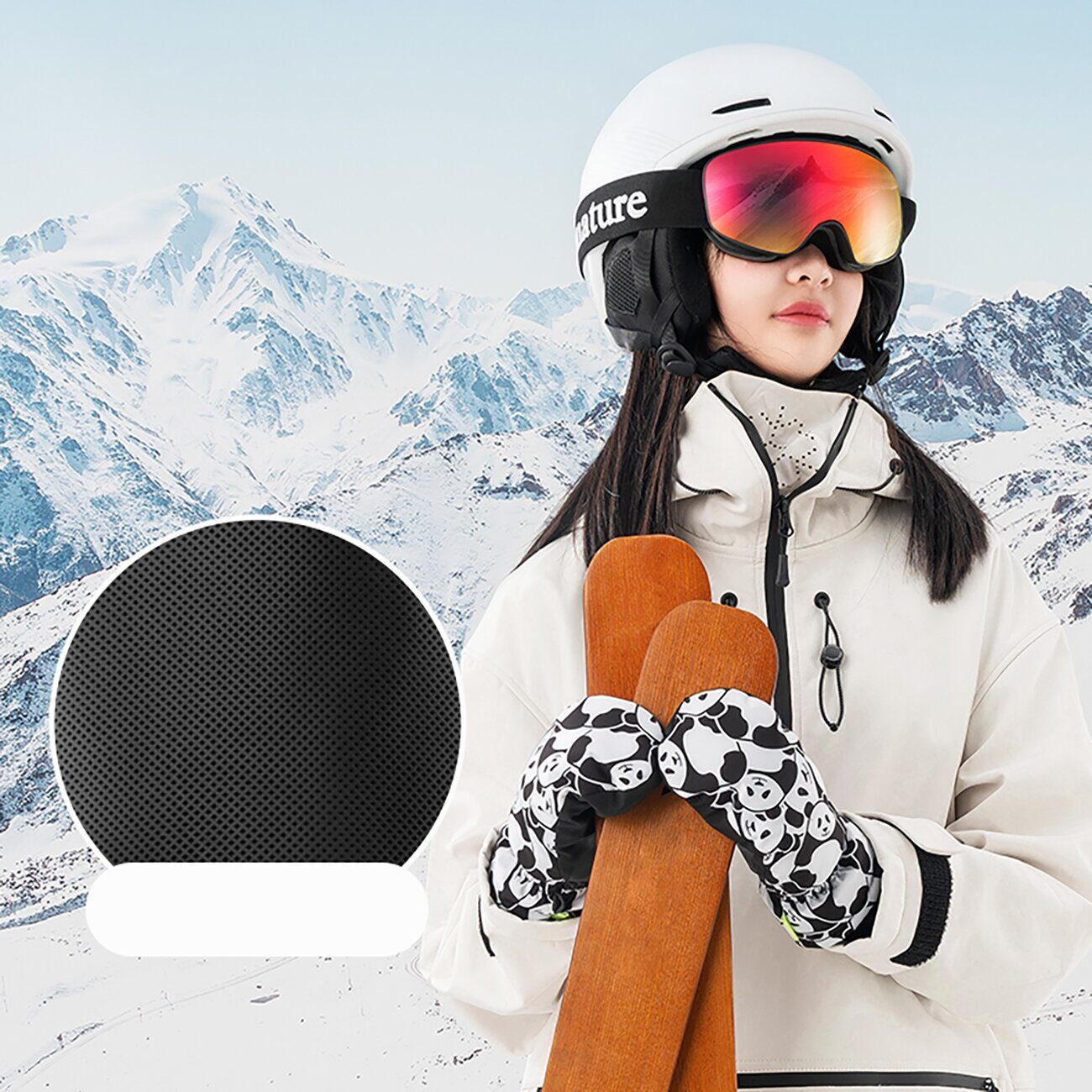 Qunature Panda Heat Transfer Ski Gloves Kids Size S - Black/White - imagine 10