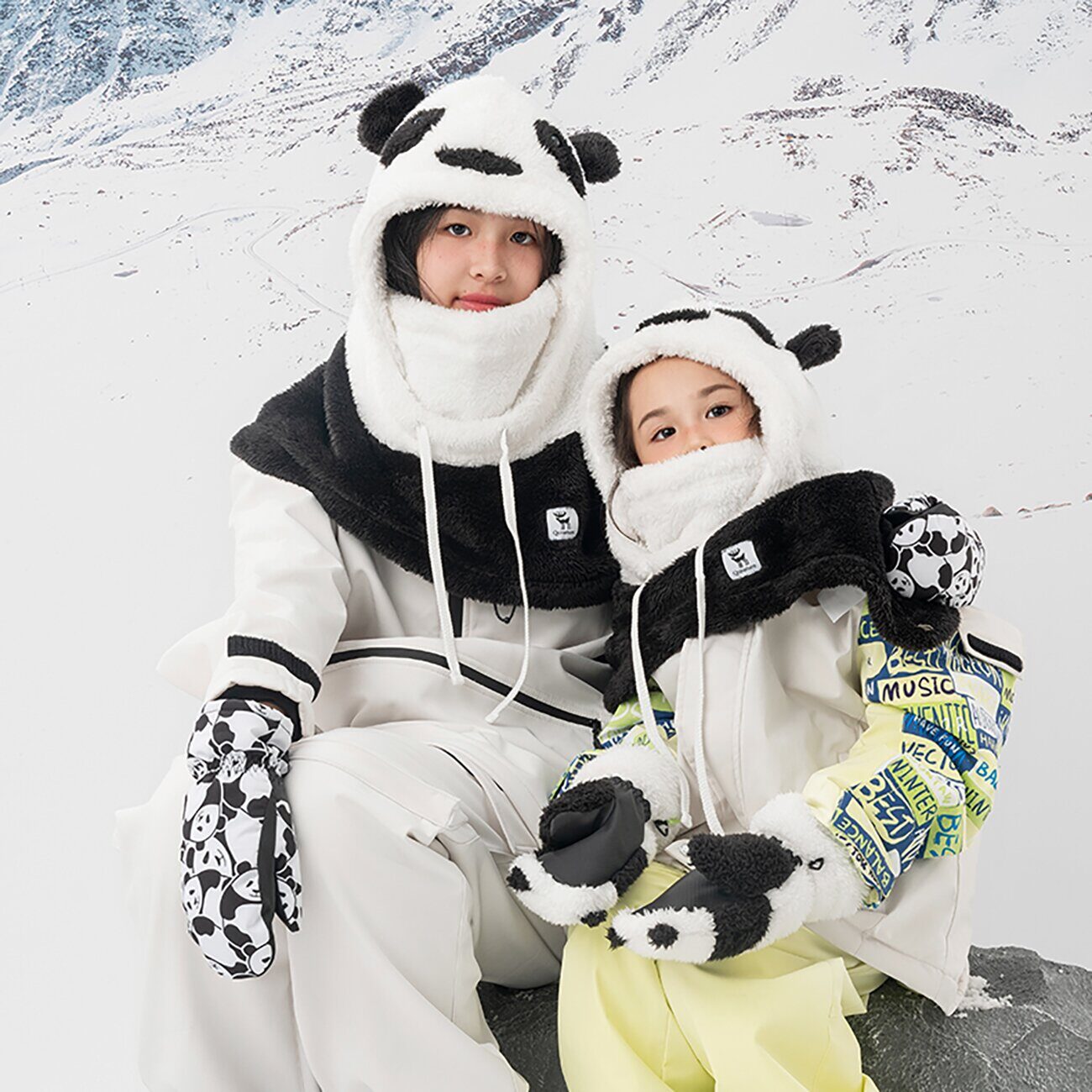 Qunature Panda Heat Transfer Ski Gloves Kids Size S - Black/White - imagine 4