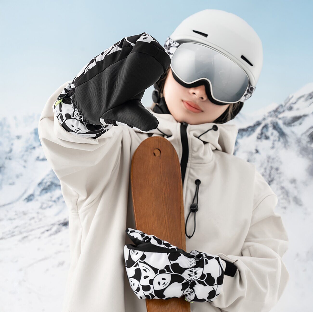 Qunature Panda Heat Transfer Ski Gloves Kids Size S - Black/White - imagine 8