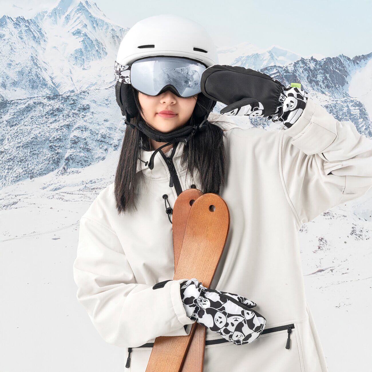 Qunature Panda Heat Transfer Ski Gloves Kids Size S - Black/White - imagine 9