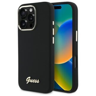 Guess Silicone Script Metal Logo & Frame Case for iPhone 16 Pro - Black