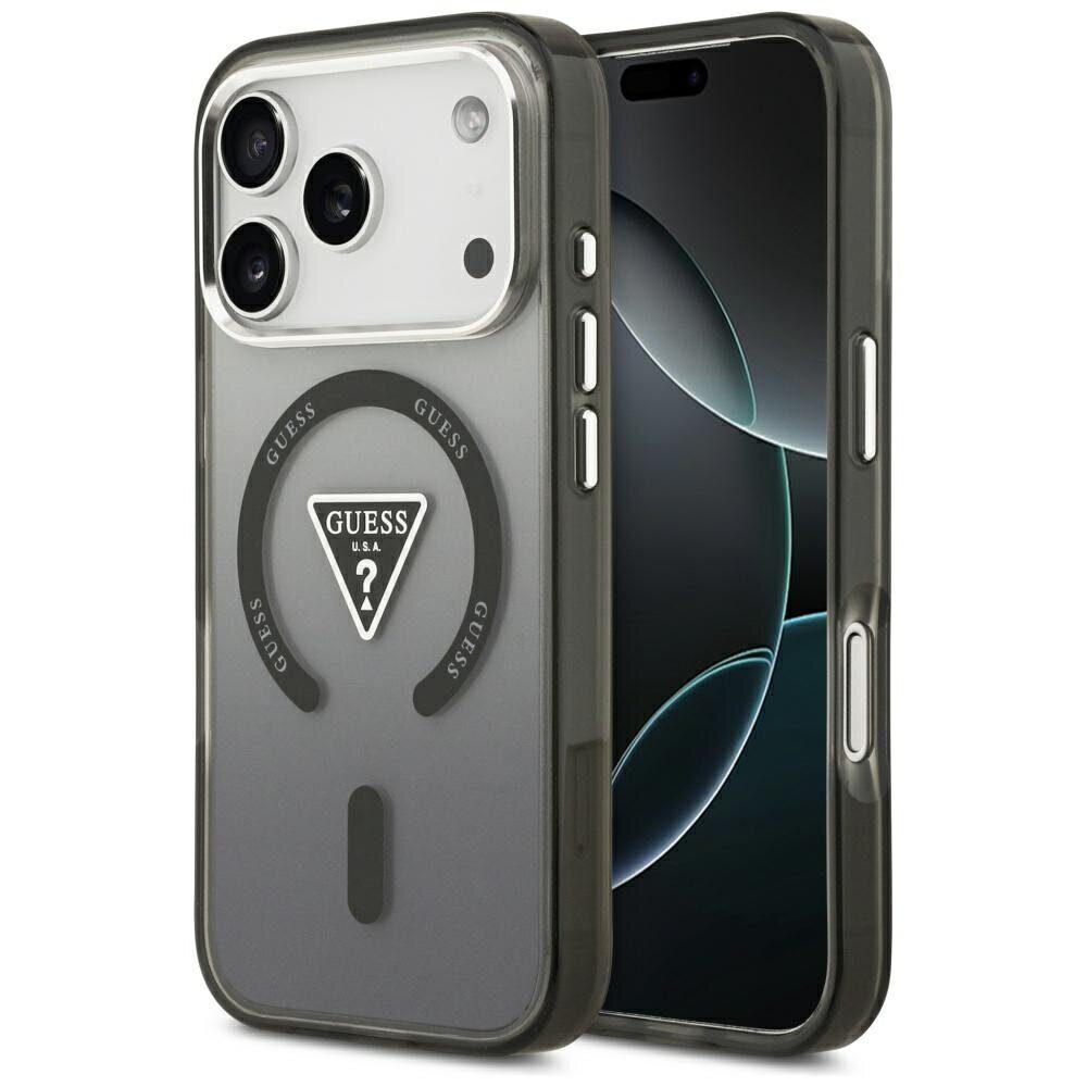 Guess Case MagSafe IML Gradient Case With Print Triangle Logo & Silver Metal Camera Buttons For iPhone 17 Pro Black