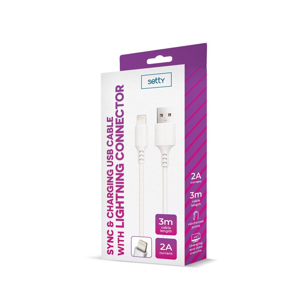 Setty cable USB - Lightning 3,0 m 2A white NEW - imagine 2