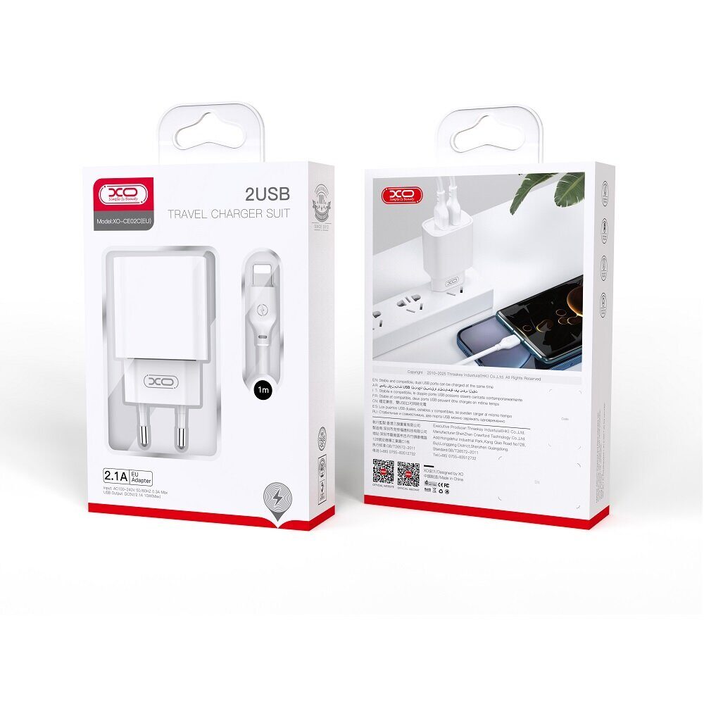 XO wall charger CE02C 2x USB 2,1A white + Lightning cable - imagine 5