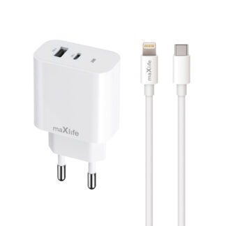 Maxlife MXTC-06-20AC PD QC charger 1x USB-C 1x USB 20W white + USB-C - Lightning cable 20W