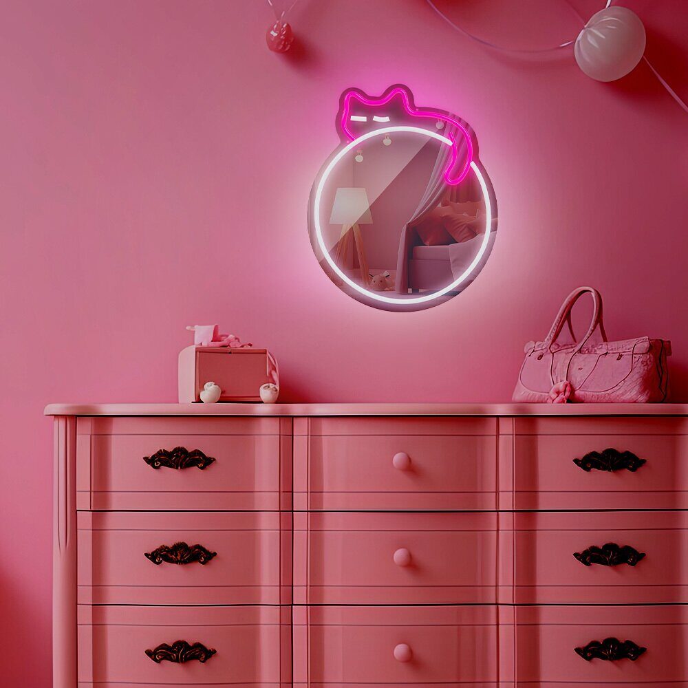 Neon MIRROR LED SLEEPING CAT white pink FMNE03 Forever Light - imagine 4