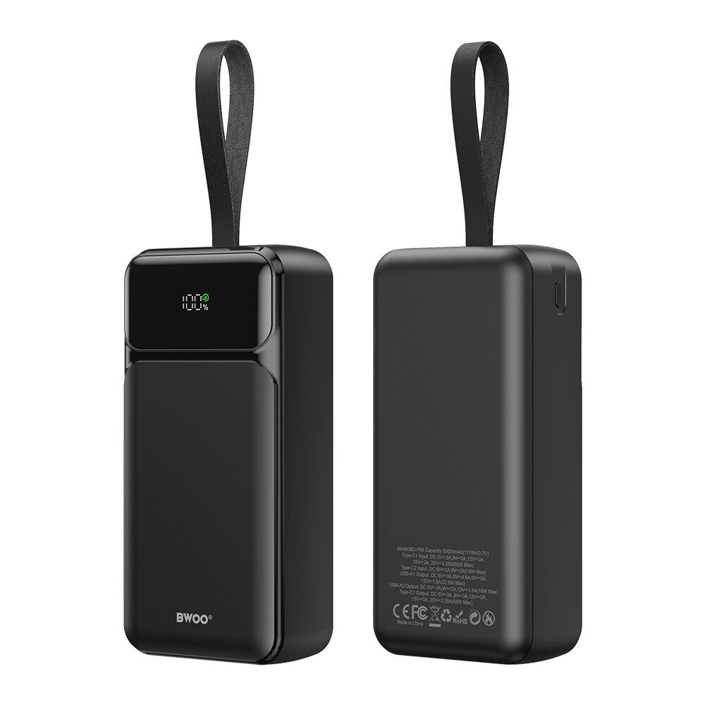 BWOO 65W power bank 30000 mAh 2x USB-A, 1 x USB-C with LCD display, black P66 - imagine 3