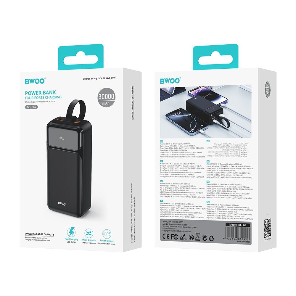 BWOO 65W power bank 30000 mAh 2x USB-A, 1 x USB-C with LCD display, black P66 - imagine 4