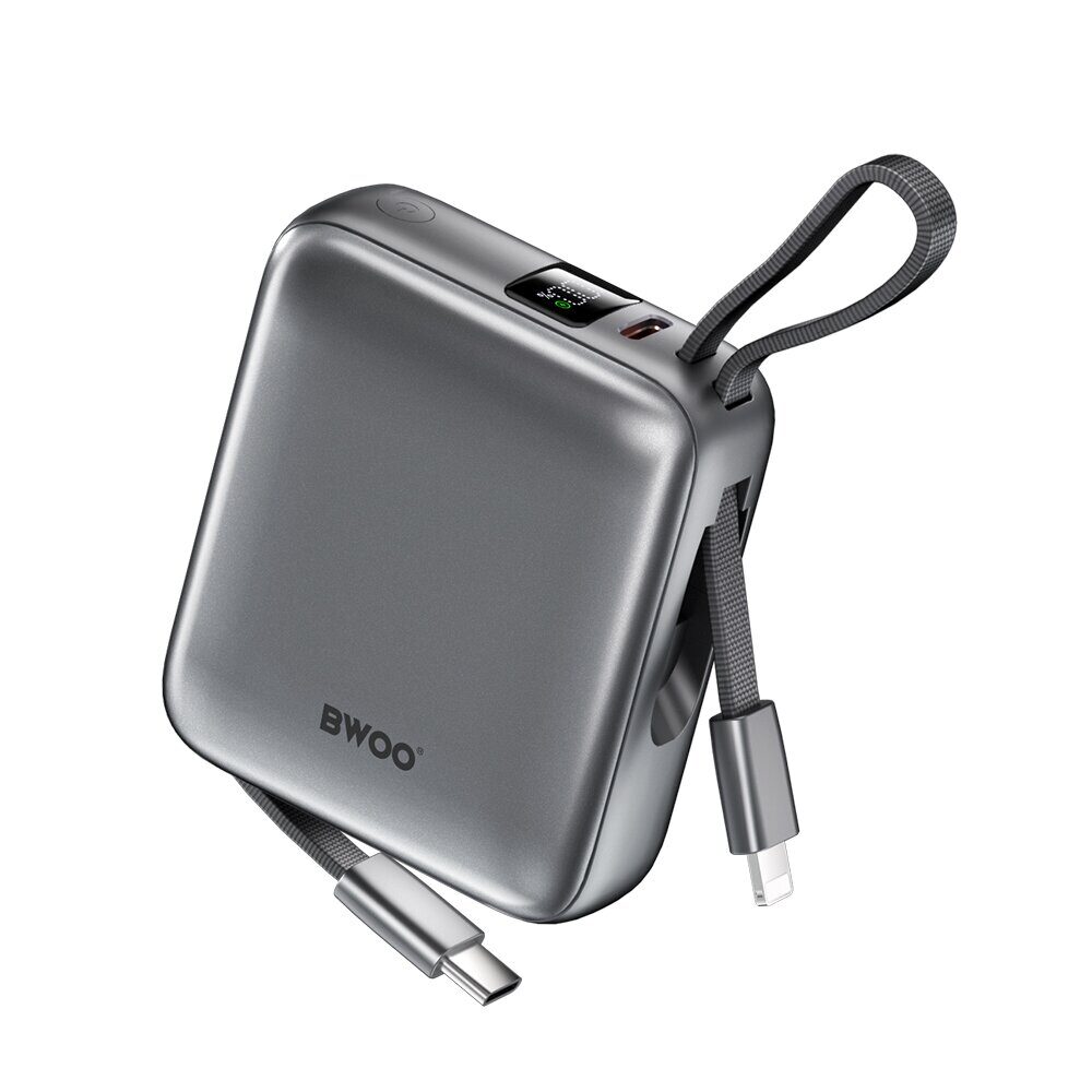BWOO power bank P74 bkt 22.5W 10000 mAh with 2 built-in cables 1 x USB-C 1 x Lightning black
