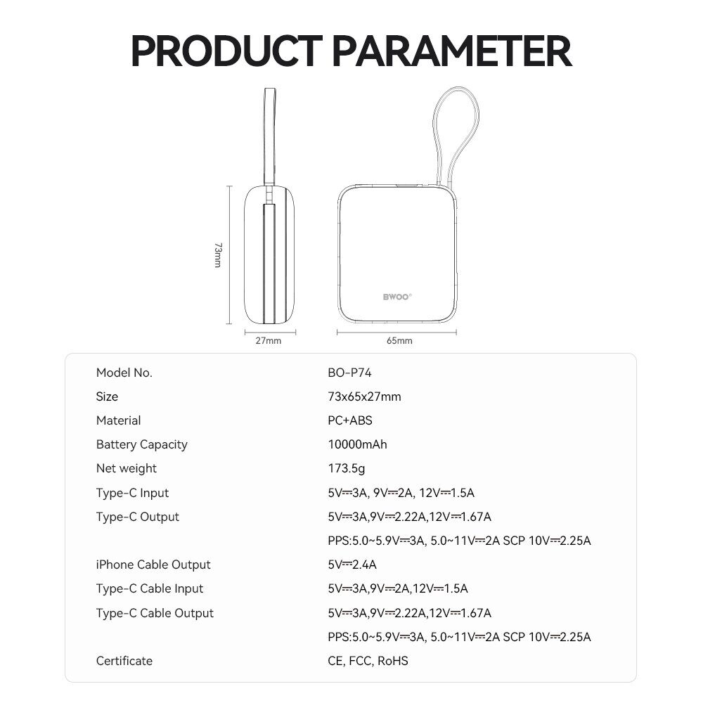 BWOO power bank P74 bkt 22.5W 10000 mAh with 2 built-in cables 1 x USB-C 1 x Lightning black - imagine 4