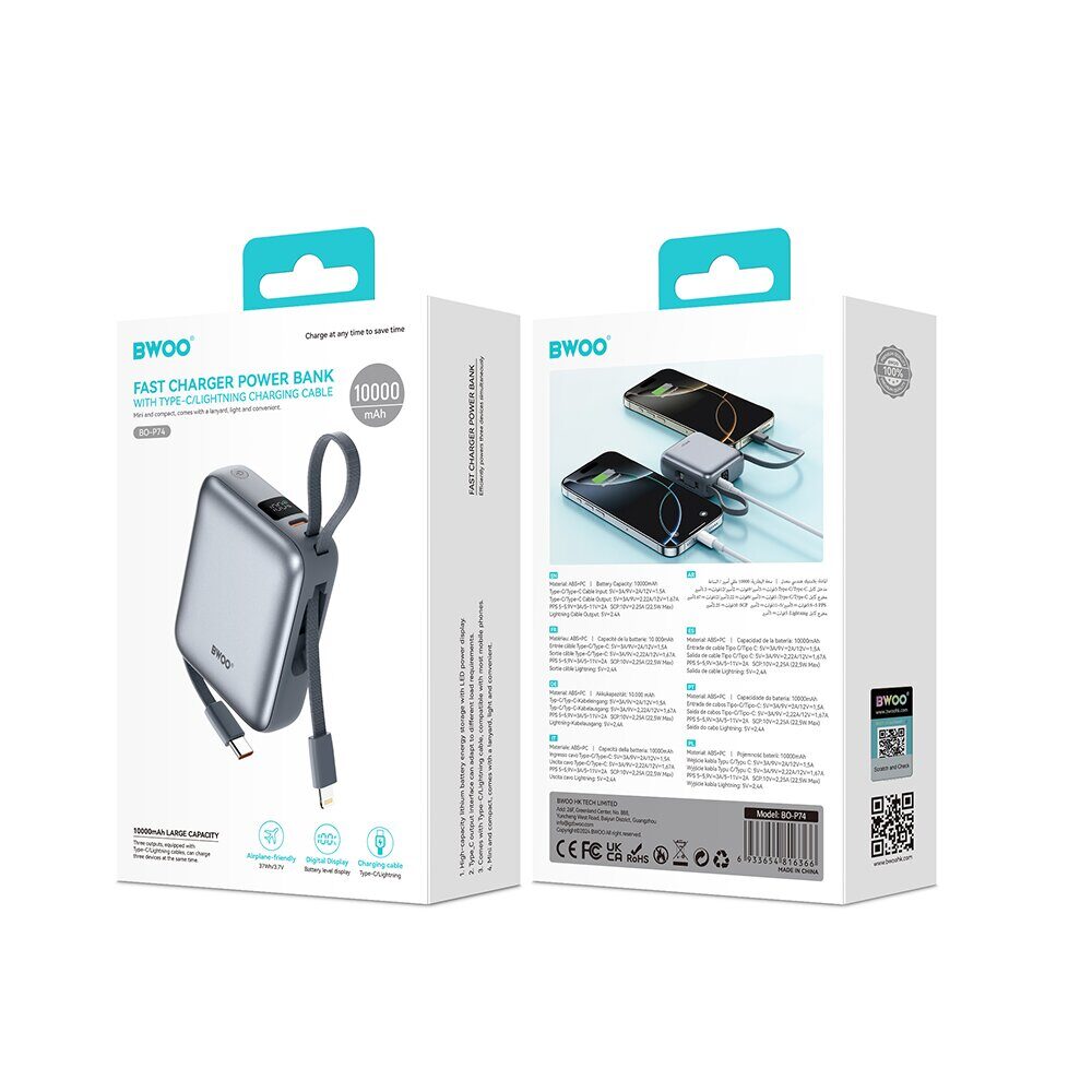 BWOO power bank P74 bkt 22.5W 10000 mAh with 2 built-in cables 1 x USB-C 1 x Lightning black - imagine 5