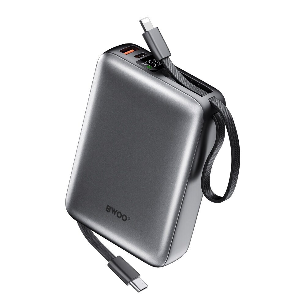 BWOO power bank P73 bkt 22.5W 20000 mAh with 2 built-in cables 1 x USB-C 1 x Lightning black