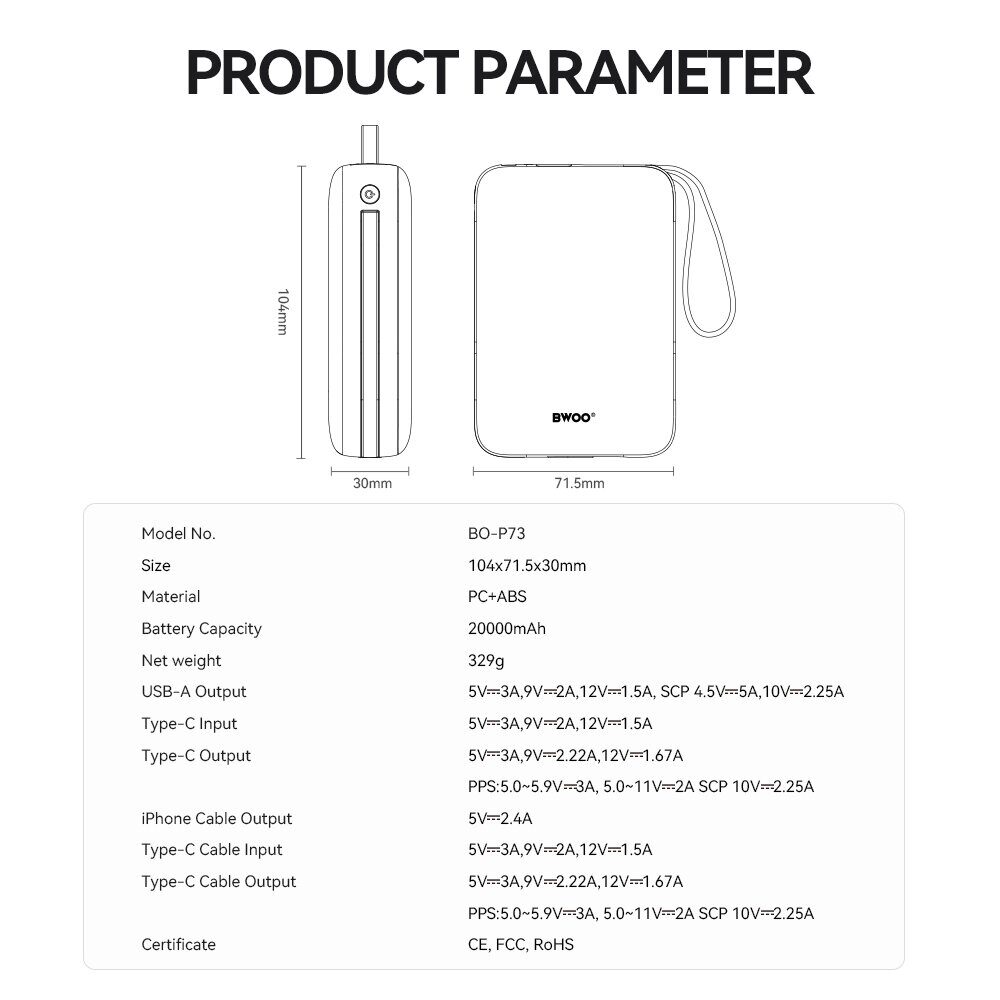 BWOO power bank P73 bkt 22.5W 20000 mAh with 2 built-in cables 1 x USB-C 1 x Lightning black - imagine 3