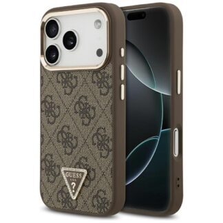 Guess Case MagSafe 4G PU Leather Case With Triangle Logo And Gold Metal Camera Frame For iPhone 17 Pro Brown