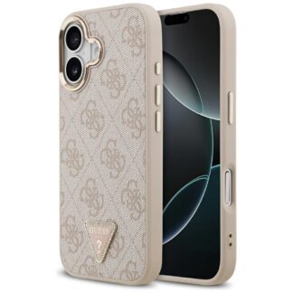 Guess Case MagSafe 4G PU Leather Case With Triangle Logo And Gold Metal Camera Frame For iPhone 17 Pink