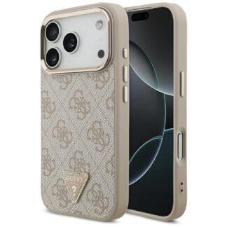 Guess Case MagSafe 4G PU Leather Case With Triangle Logo And Gold Metal Camera Frame For iPhone 17 Pro Pink