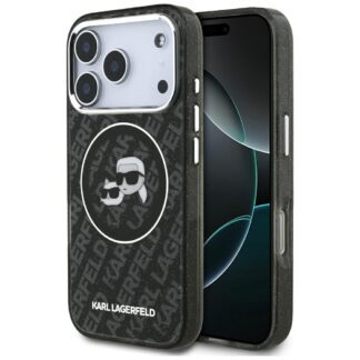 Karl Lagerfeld case MagSafe IML glitter case metal camera frame and buttons Karl and Choupette heads on KL repeated logo for iPhone 17 Pro PUrple