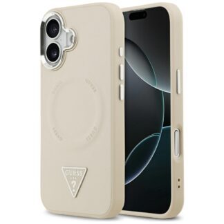 Guess Case MagSafe PU Leather Case With Triangle Logo Silver Metal Camera Frame For iPhone 17 Beige