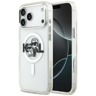 Karl Lagerfeld case MagSafe IML glitter case metal camera frame and buttons Karl and Choupette sketch logo for iPhone 17 Pro Max black
