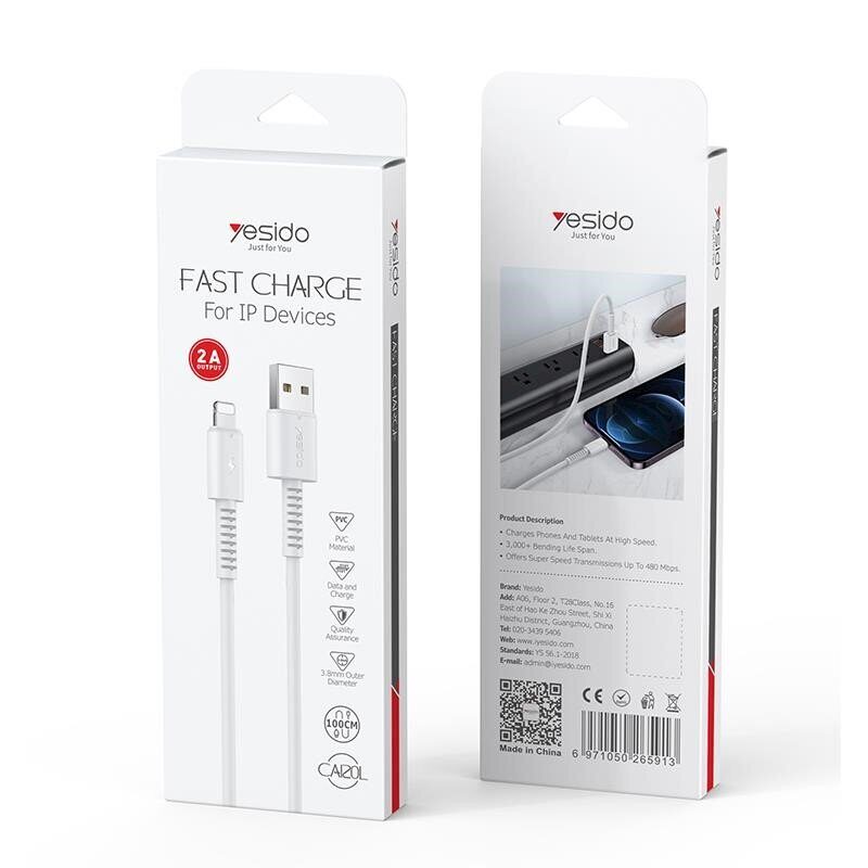 YESIDO CABLE CA120 18W USB/LIGHTNING 1M PVC 2A WHITE - imagine 2