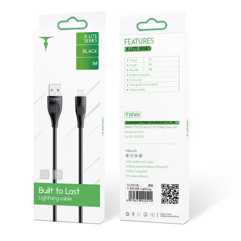 T-PHOX CABLE X-LITE LIGHTNING BLACK 1M 3A - imagine 3