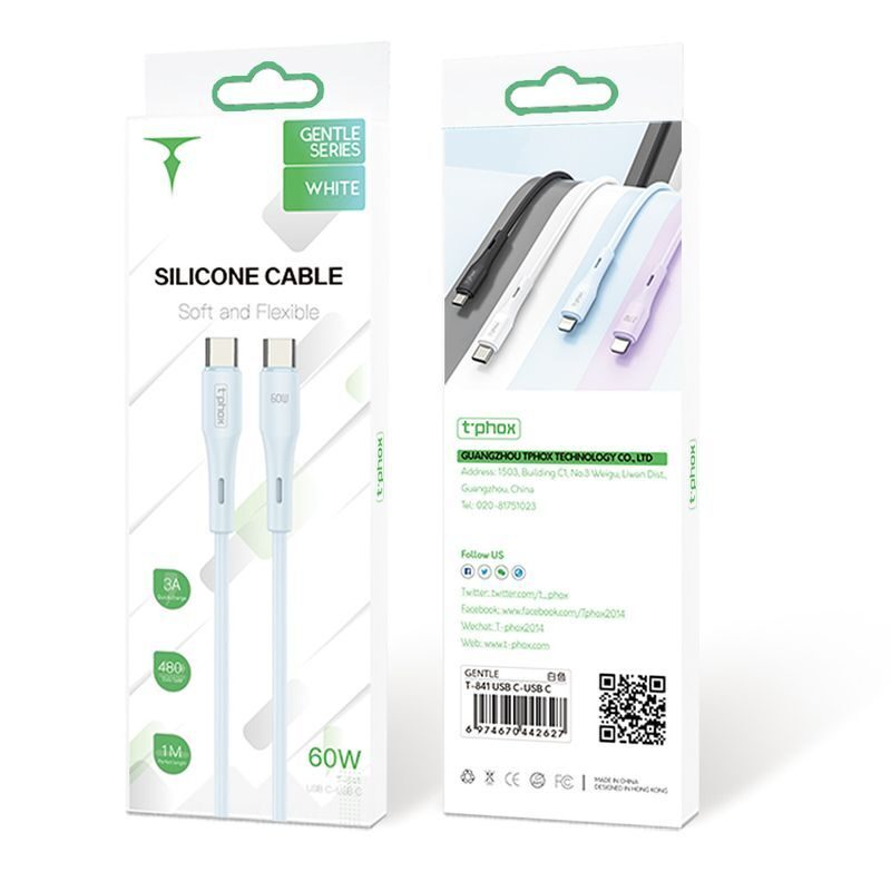 T-PHOX CABLE GENTLE USB-C/USB-C 60W 1M WHITE - imagine 5