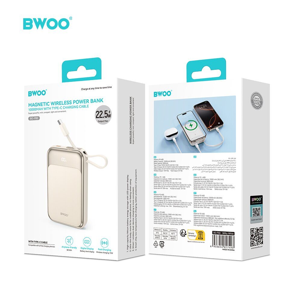 BWOO PD 20W 10000 mAh Power Bank With USB-C Cable and Display P80 black - imagine 3