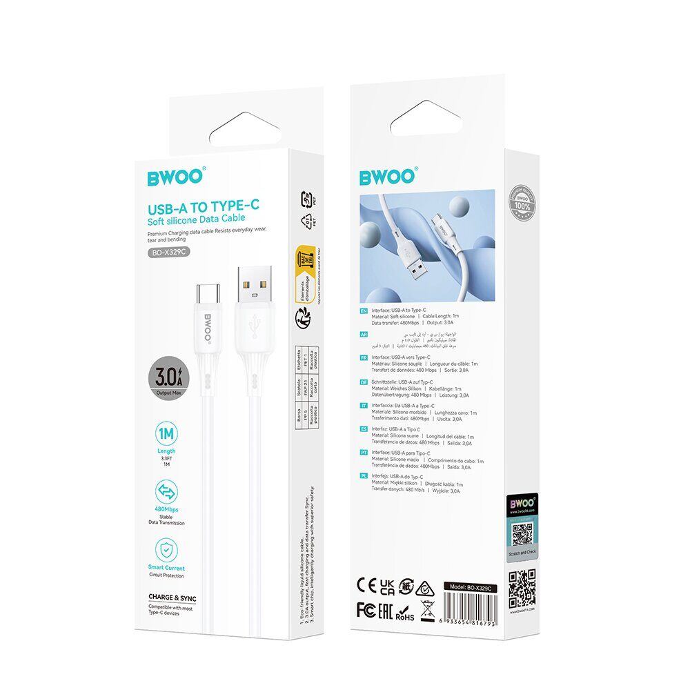 BWOO 3A silicone cable X329C USB - USB-C 1m white - imagine 4