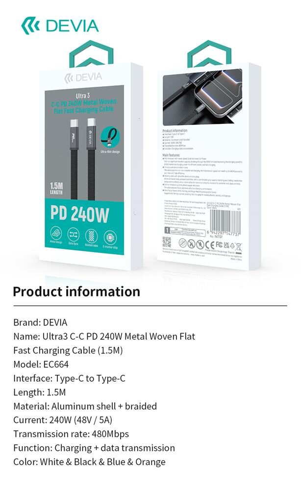 Devia Ultra3 USB-C PD 240W Metal Woven Flat Fast Charging Cable 1,5 m blue - imagine 2