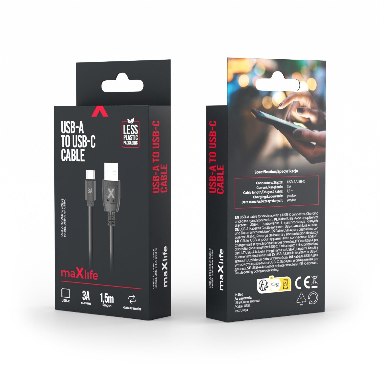 Maxlife cable USB - USB-C 1,5 m 3A black - imagine 2